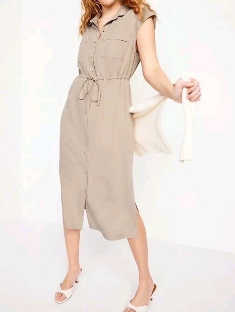 Khaki Old Navy Drawstring Waist Shirtdress 2X Button-Front Safari Preppy Minimal - Picture 7 of 15
